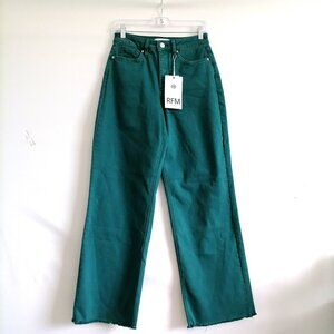 NWT RFM Womens Teal Green Raw Hem Garment Dyed Straight Denim Jeans Size 7/28